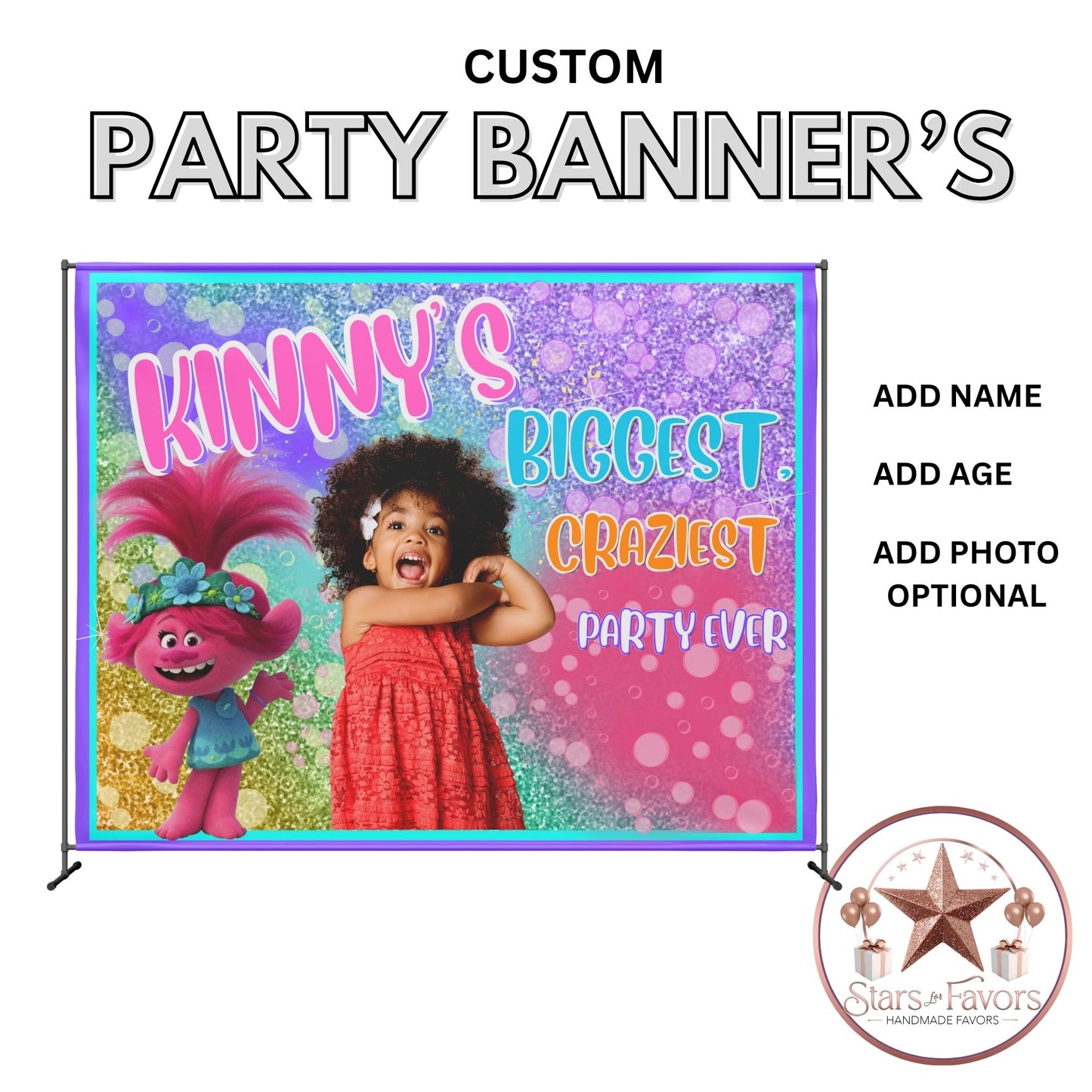 Trolls Birthday Backdrop – Biggest, Craziest Party Ever – Custom Banner