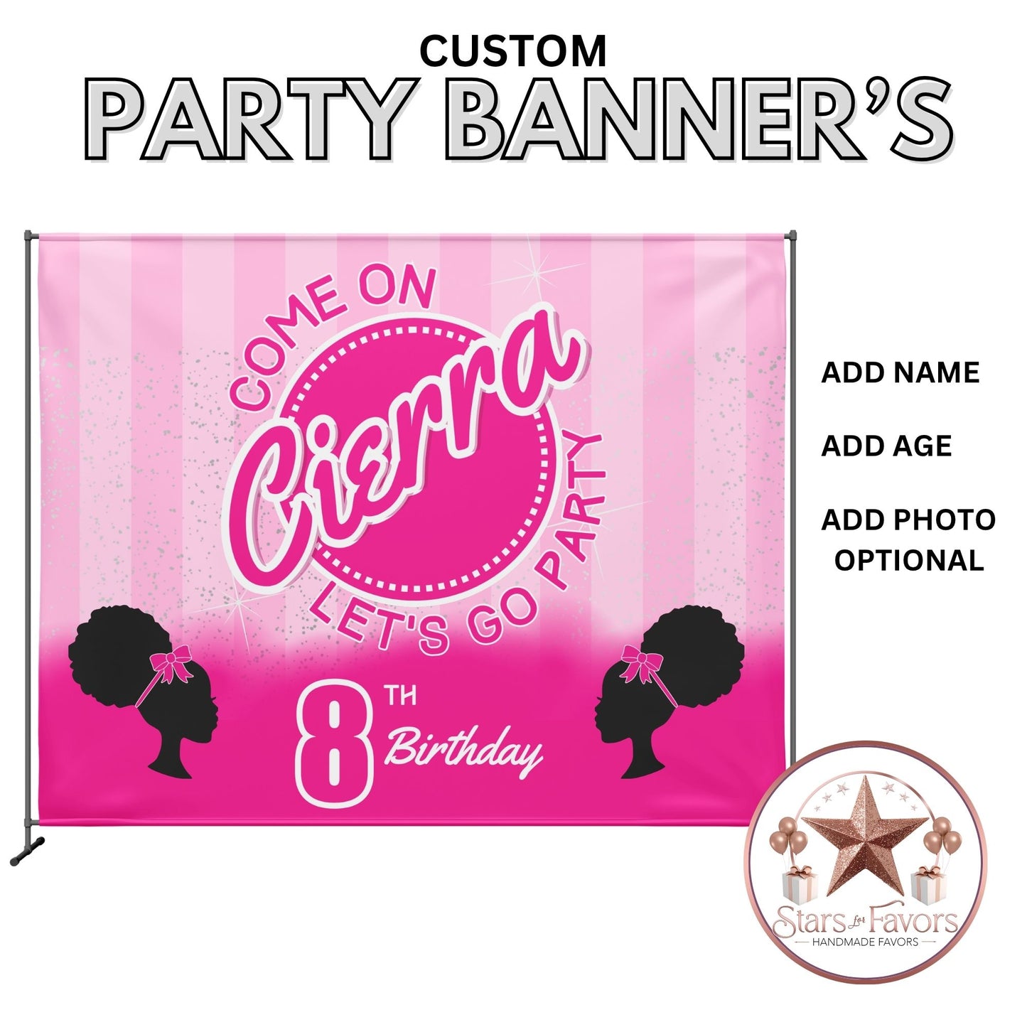 Come On Let’s Go Party Afro Doll Birthday Backdrop – Personalized with Name & Age