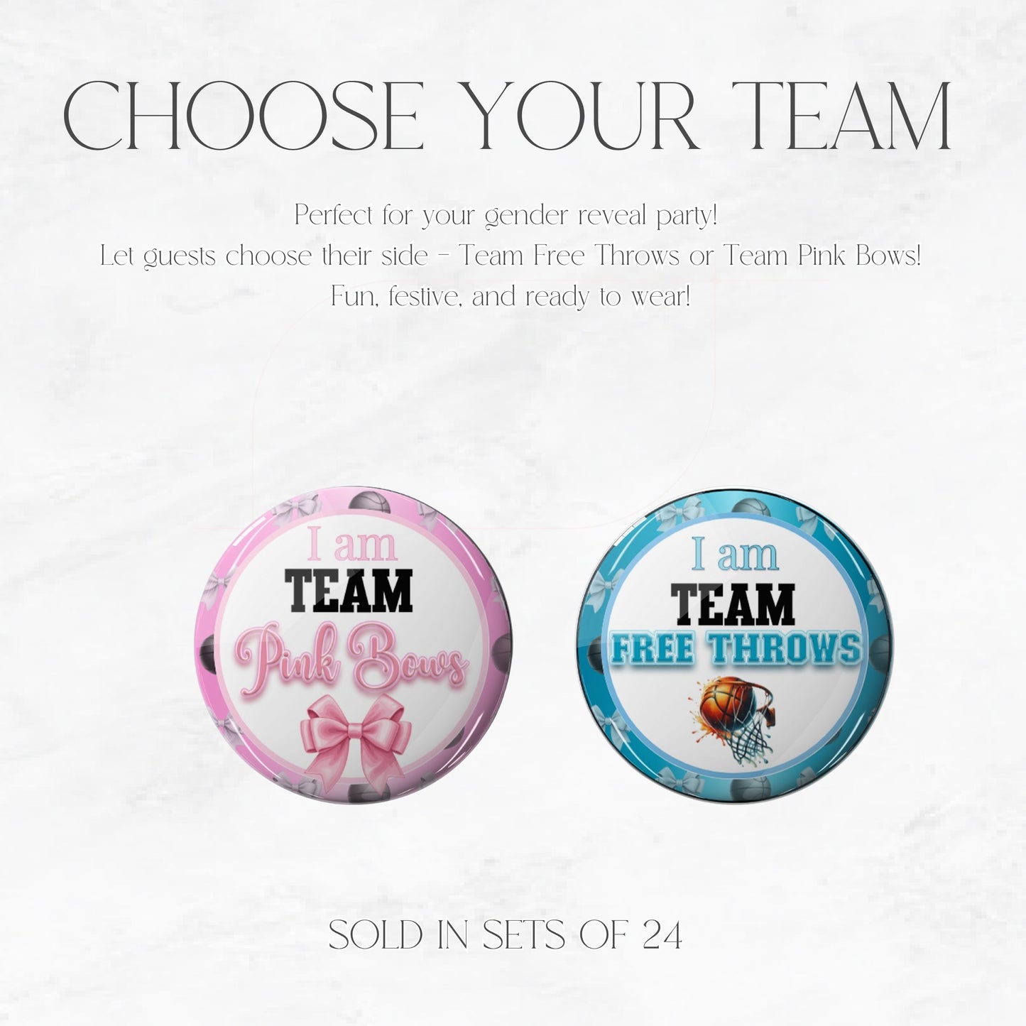 Free Throws or Pink Bows Gender Reveal Buttons