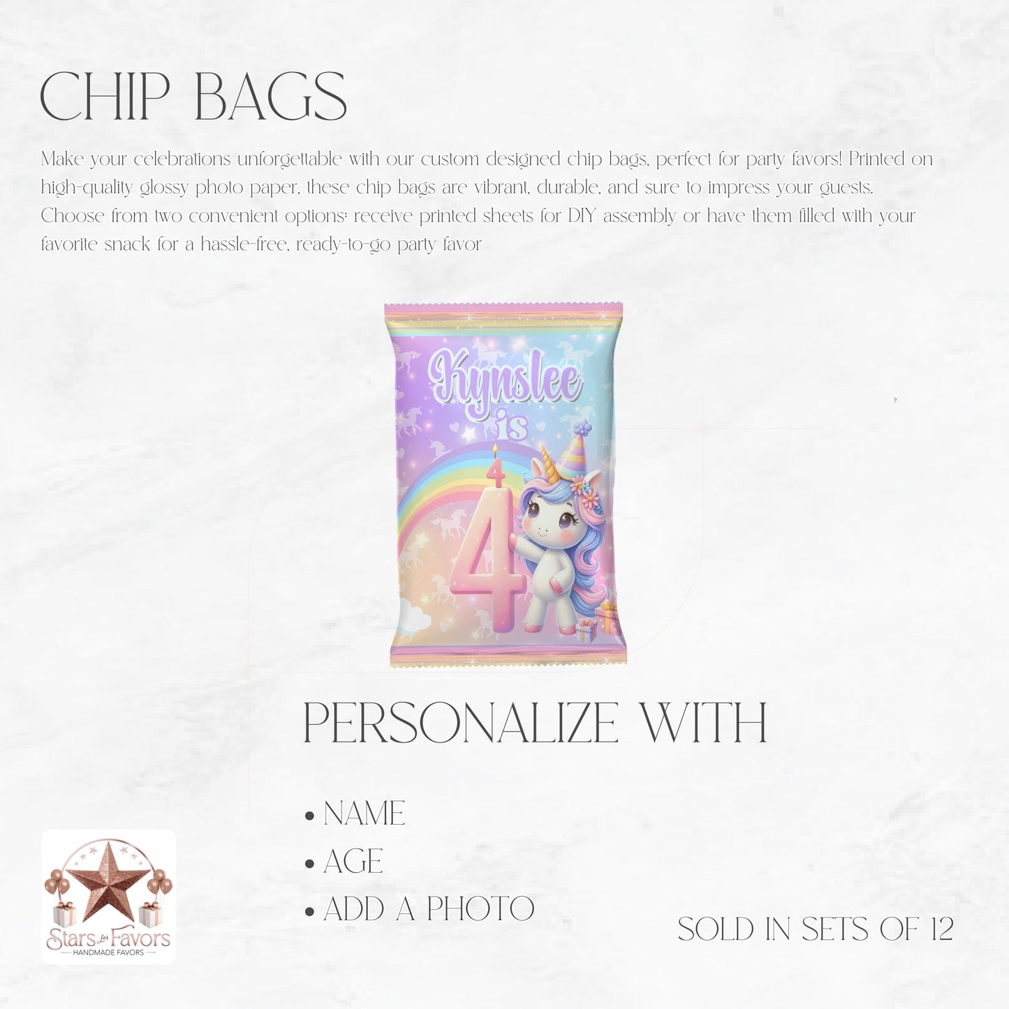 Rainbow Sparkle Unicorn Custom Chip Bag Party Favors