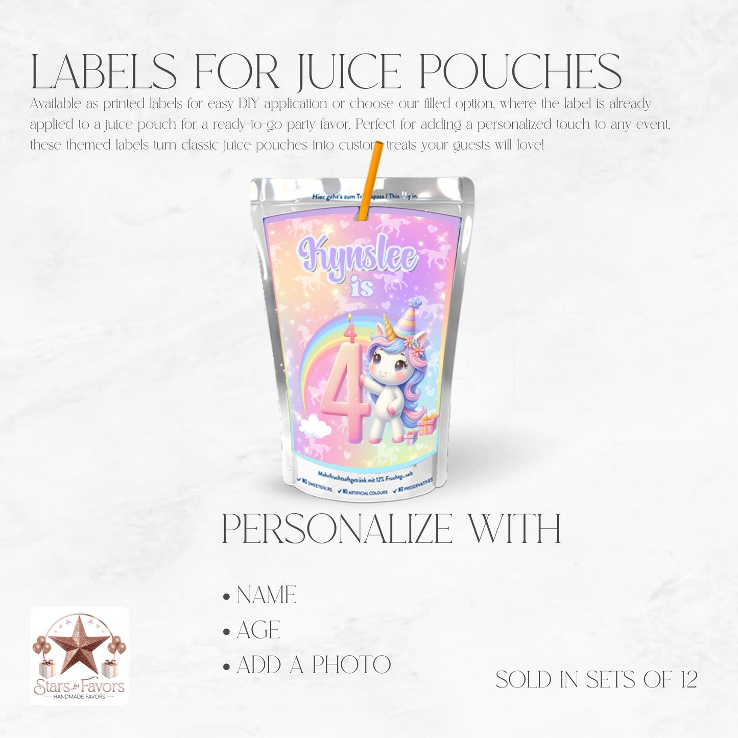 Rainbow Sparkle Unicorn Custom Juice Pouch Labels
