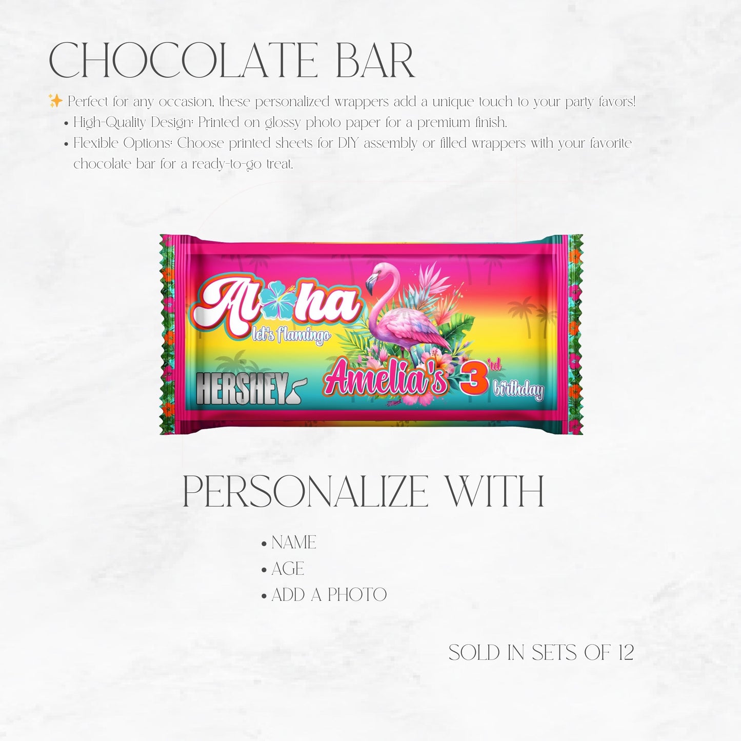 Aloha Let's Flamingo Custom Chocolate Bar Wrapper