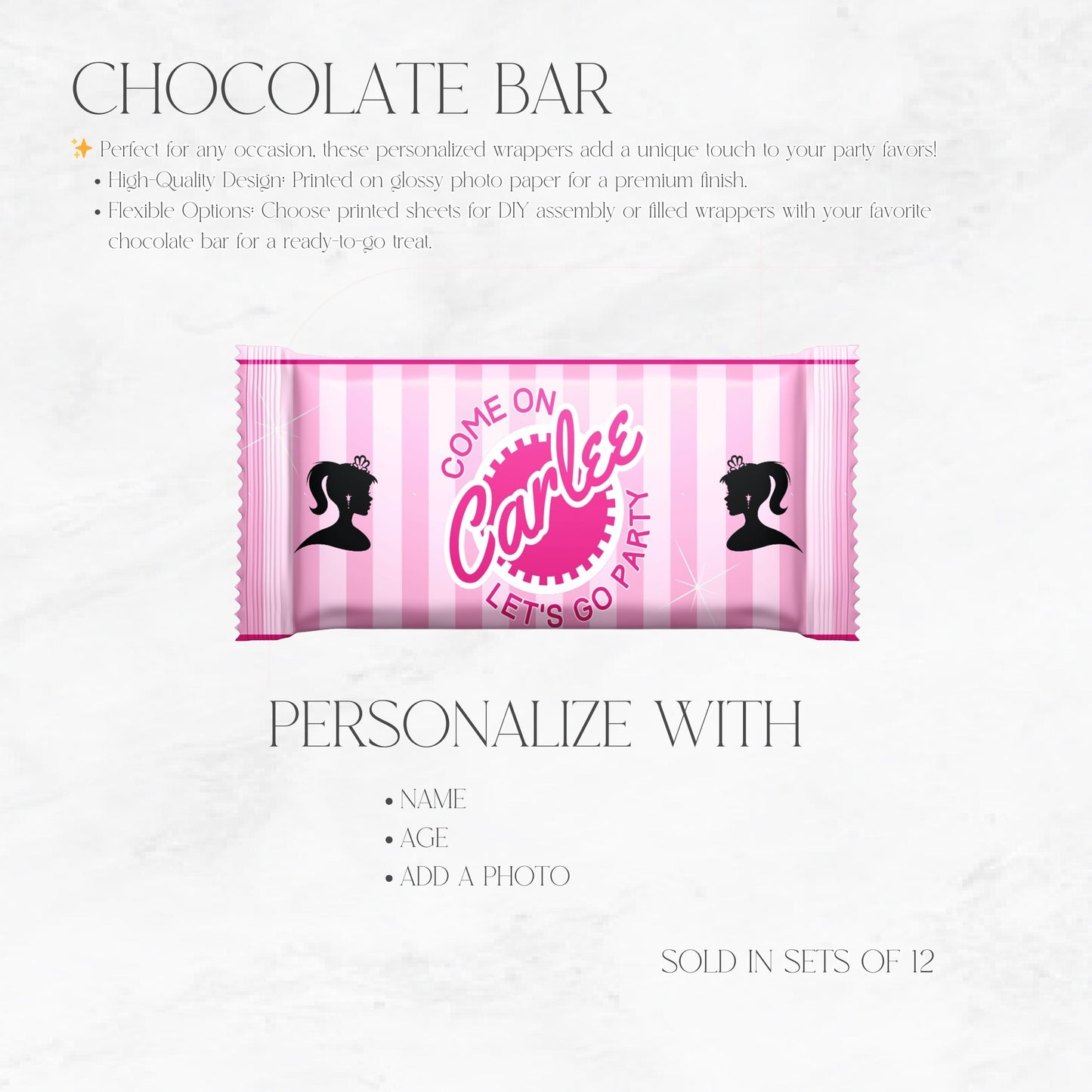 Barbie-Inspired “Let’s Go Party” Chocolate Bar Favors