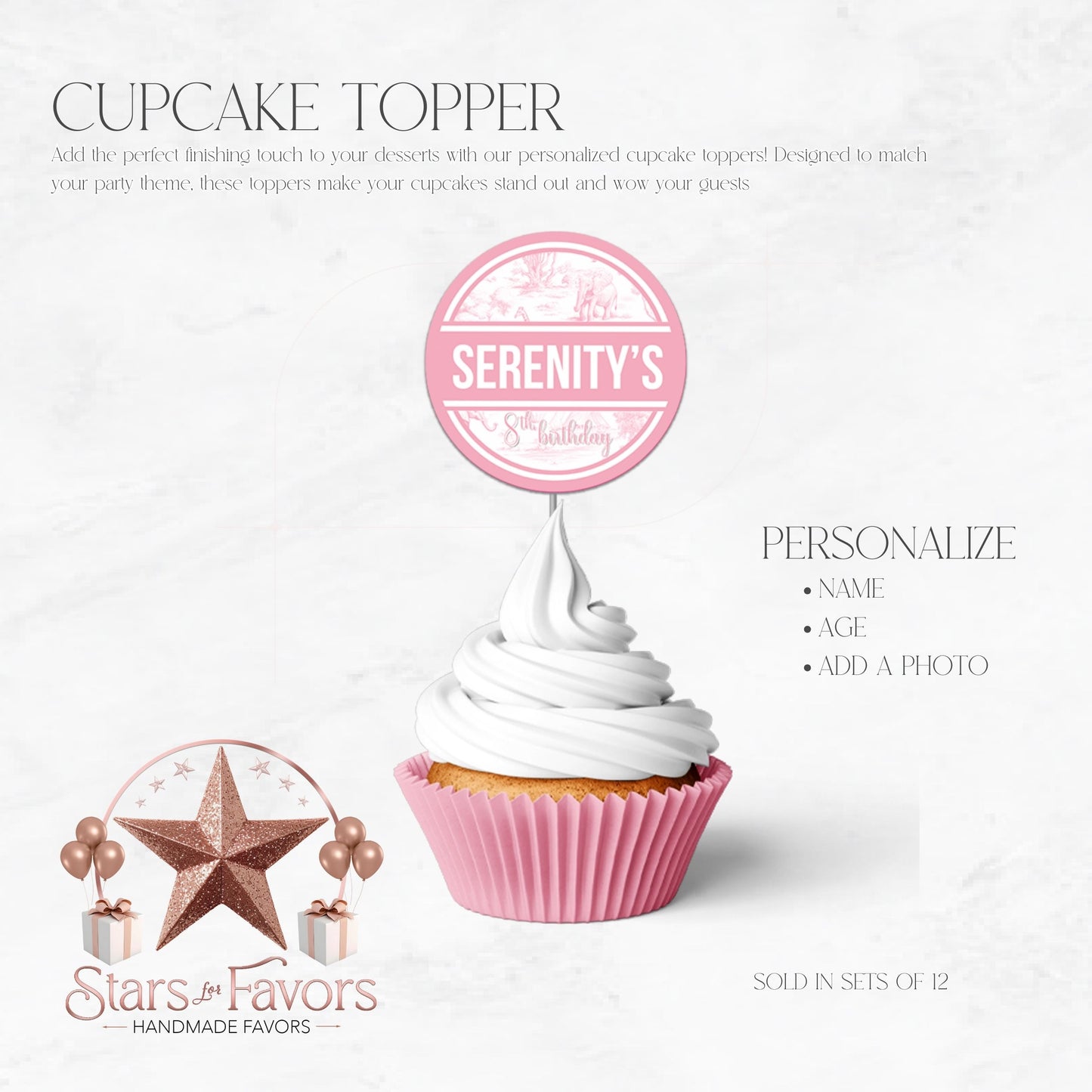 Toile Du Juoy Safari Pink Cupcake Toppers