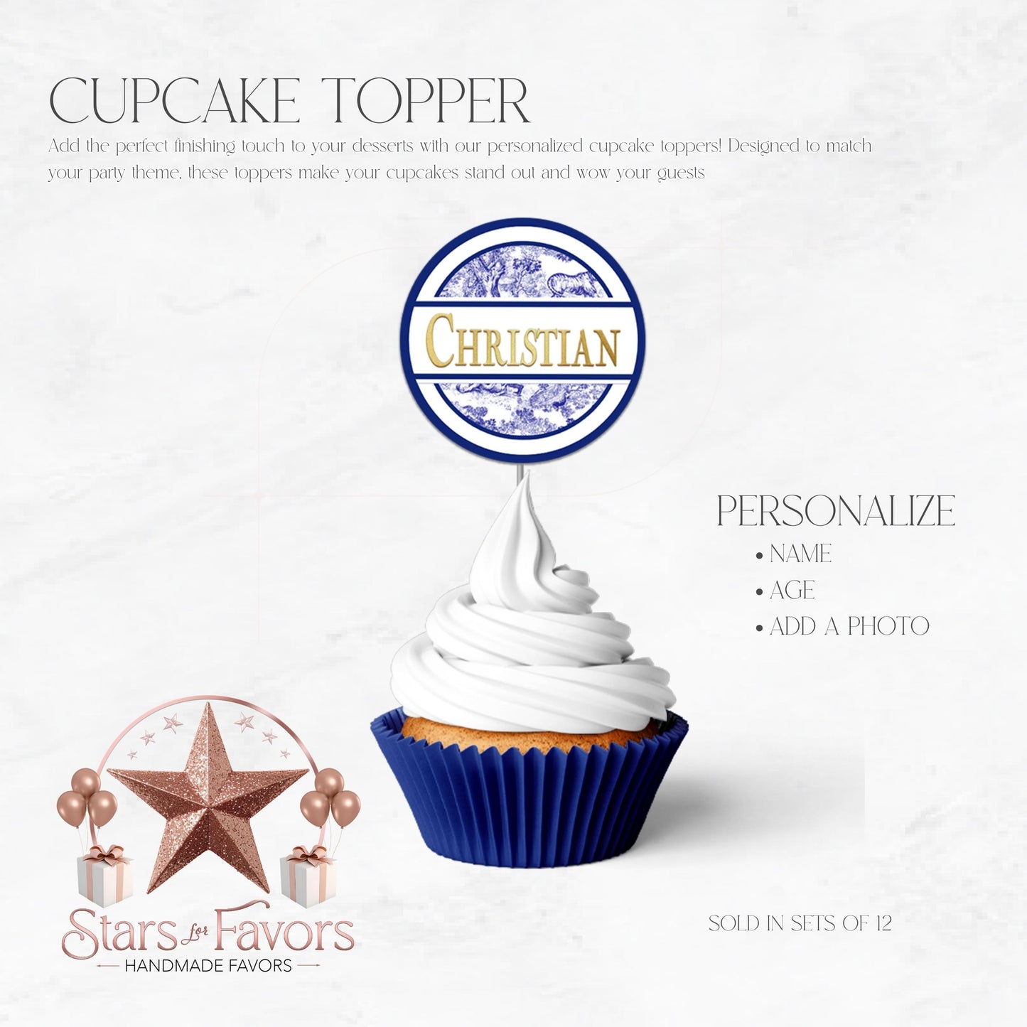 Toile Du Juoy Classic Blue Cupcake Toppers