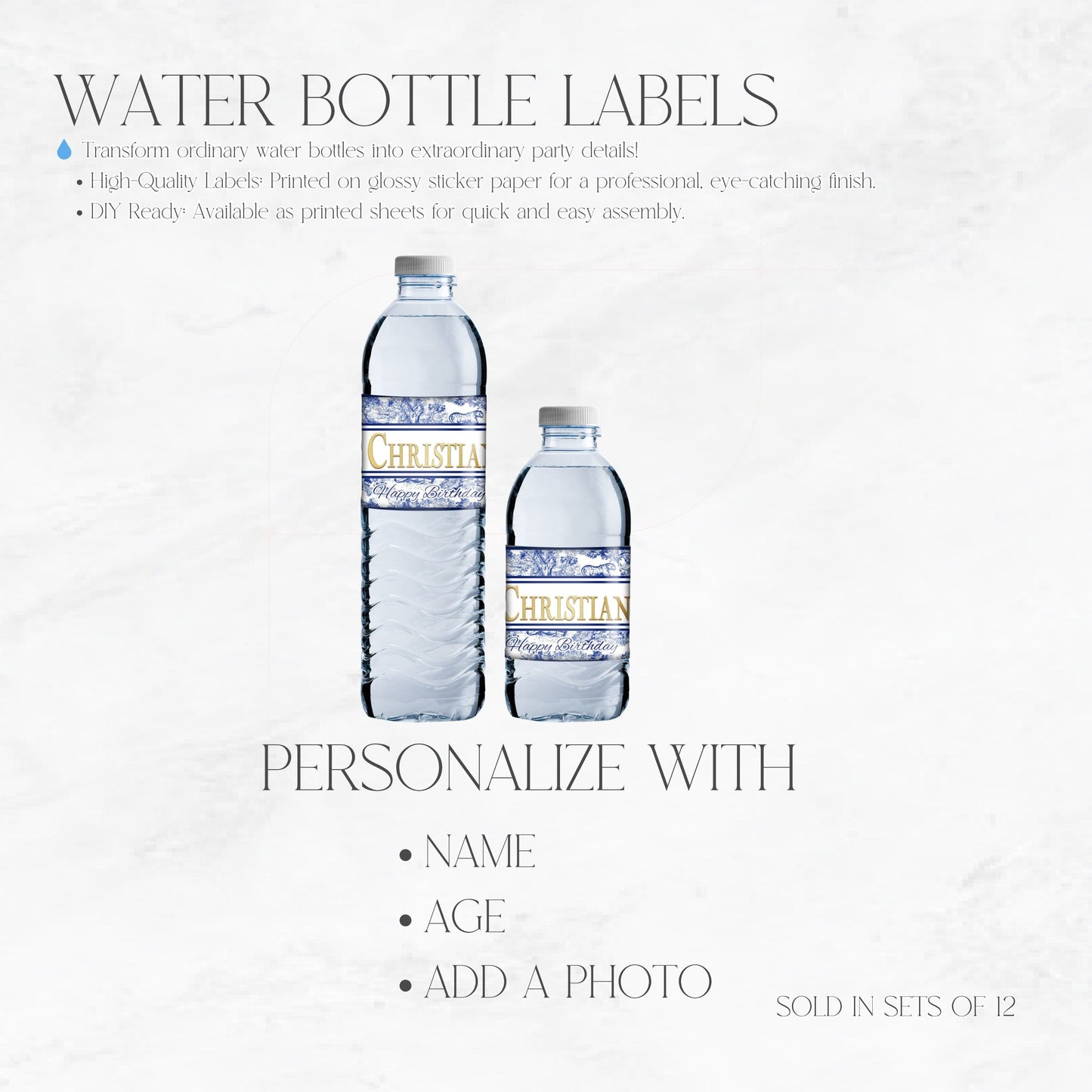Toile Du Juoy Safari Classic Blue Water Bottle Labels
