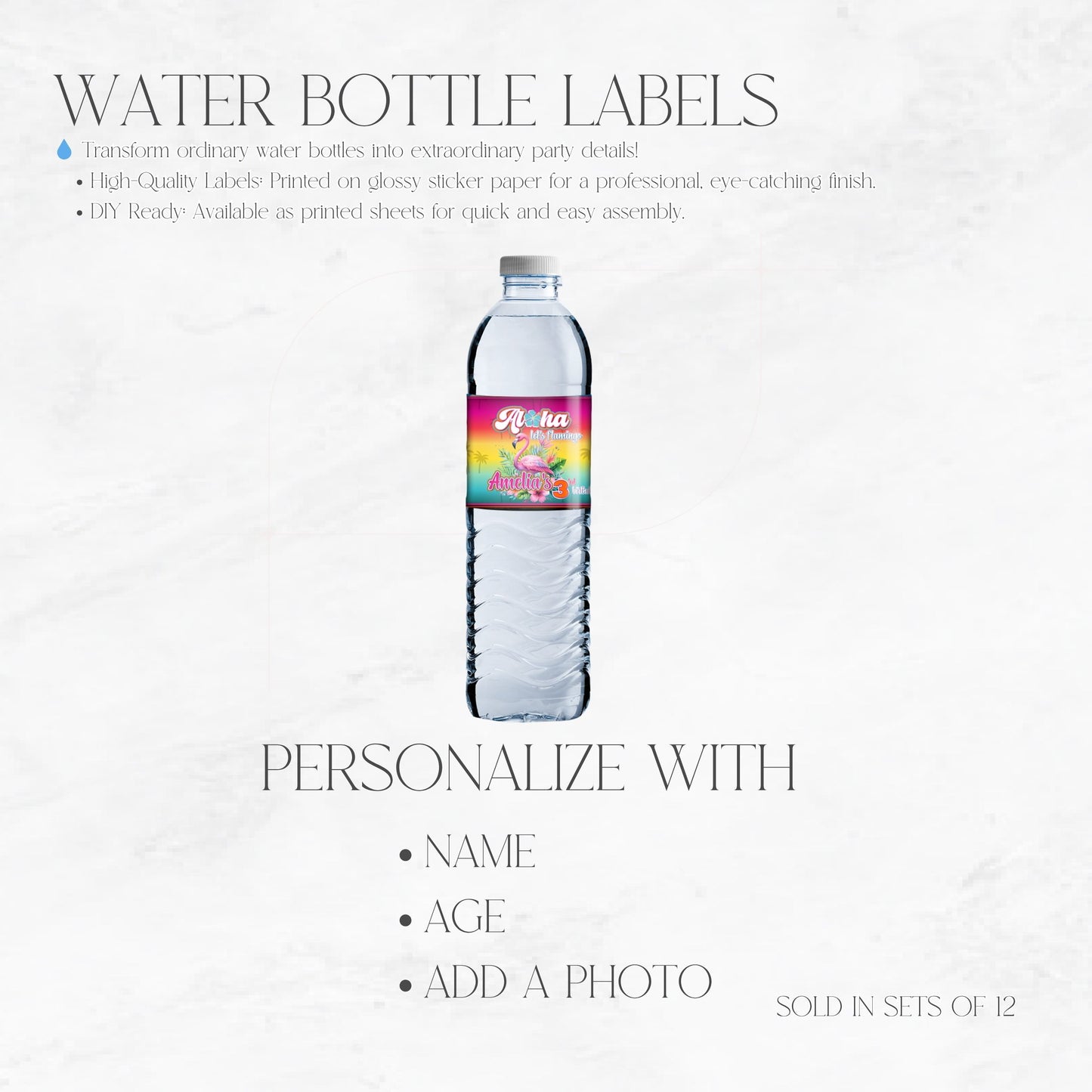 Aloha Let's Flamingo Custom Water Bottle Labels