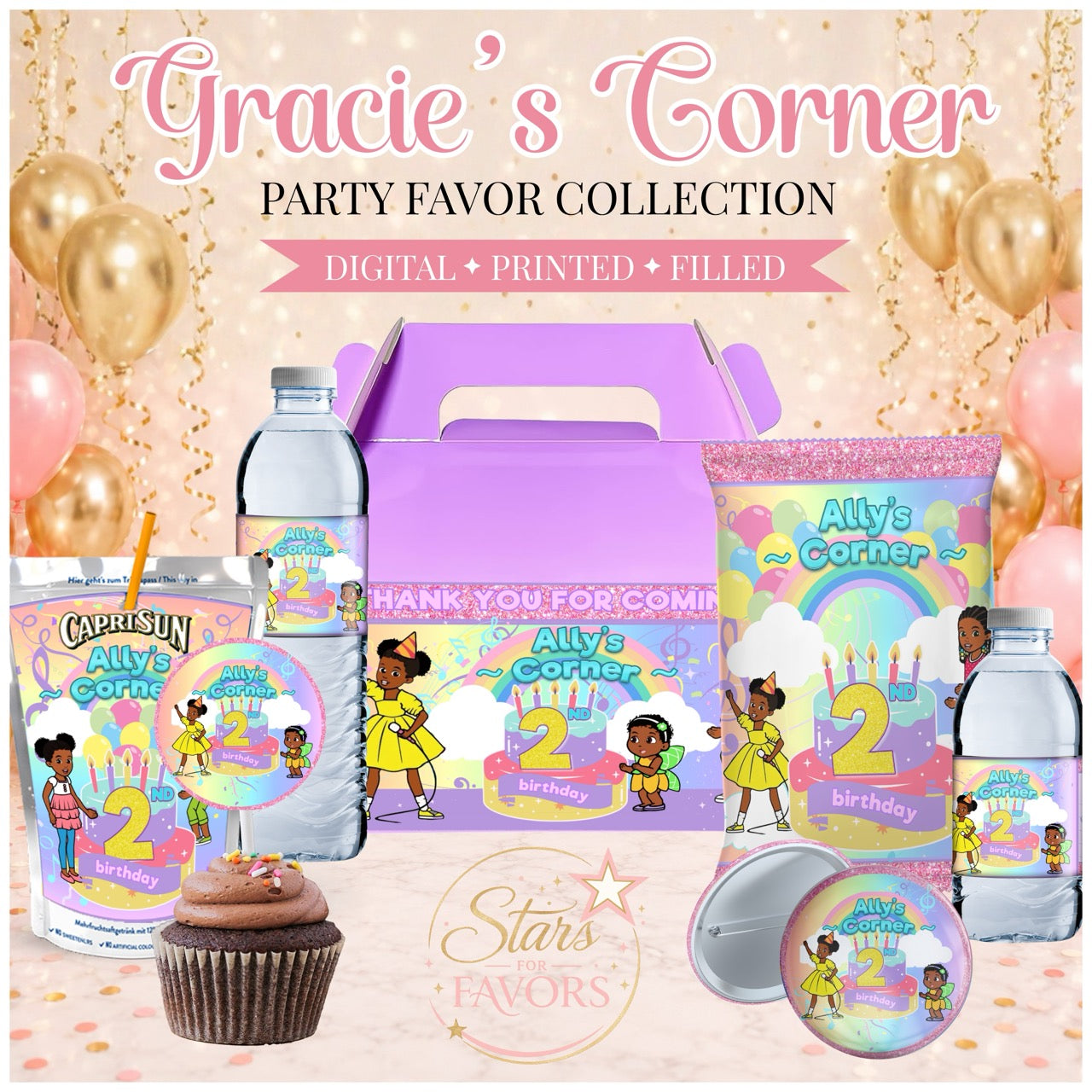 A party favor collection set for a 2nd birthday party, featuring a purple gift box, water bottles, a cupcake, a can, a bag, and round favor bags with colorful cartoon illustrations and the text 'Gracie's Corner' and 'Party Favor Collection'.