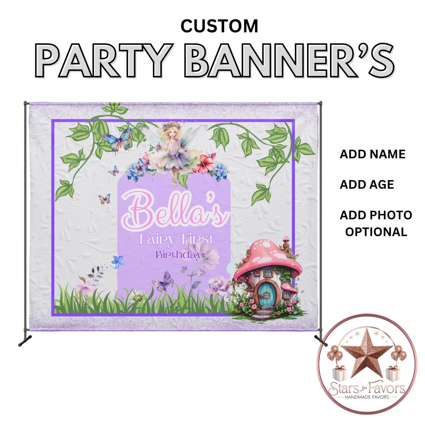 Fairy Garden Birthday Backdrop Banner – Personalized Party Decoration