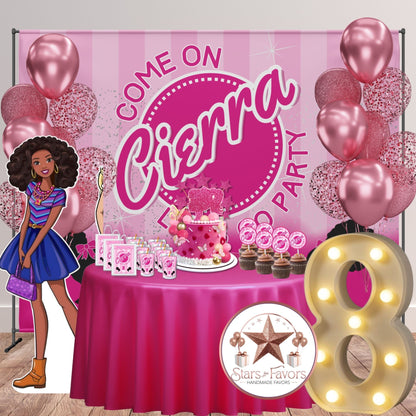 Come On Let’s Go Party Afro Doll Birthday Backdrop – Personalized with Name & Age