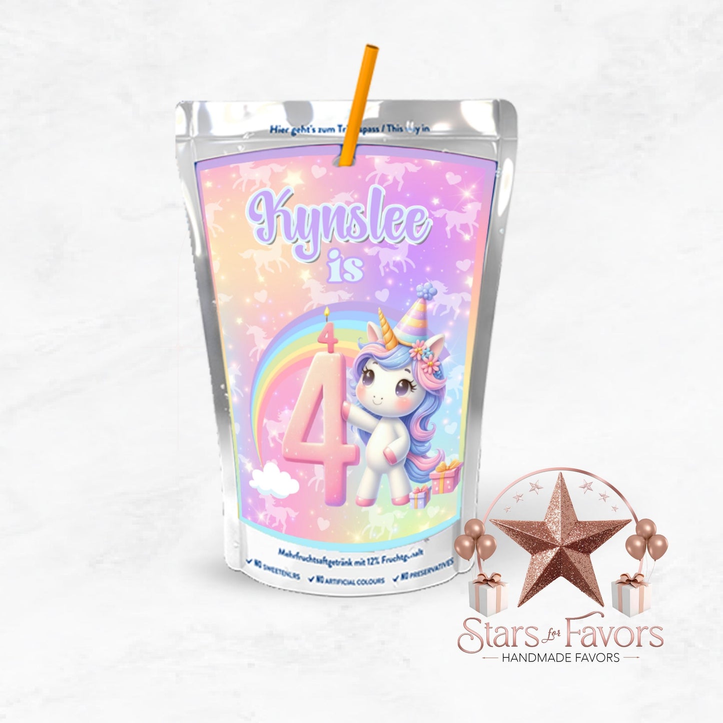 Rainbow Sparkle Unicorn Custom Juice Pouch Labels