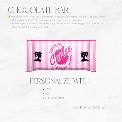 Barbie-Inspired “Let’s Go Party” Chocolate Bar Favors