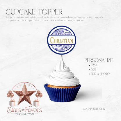 Toile Du Juoy Classic Blue Cupcake Toppers